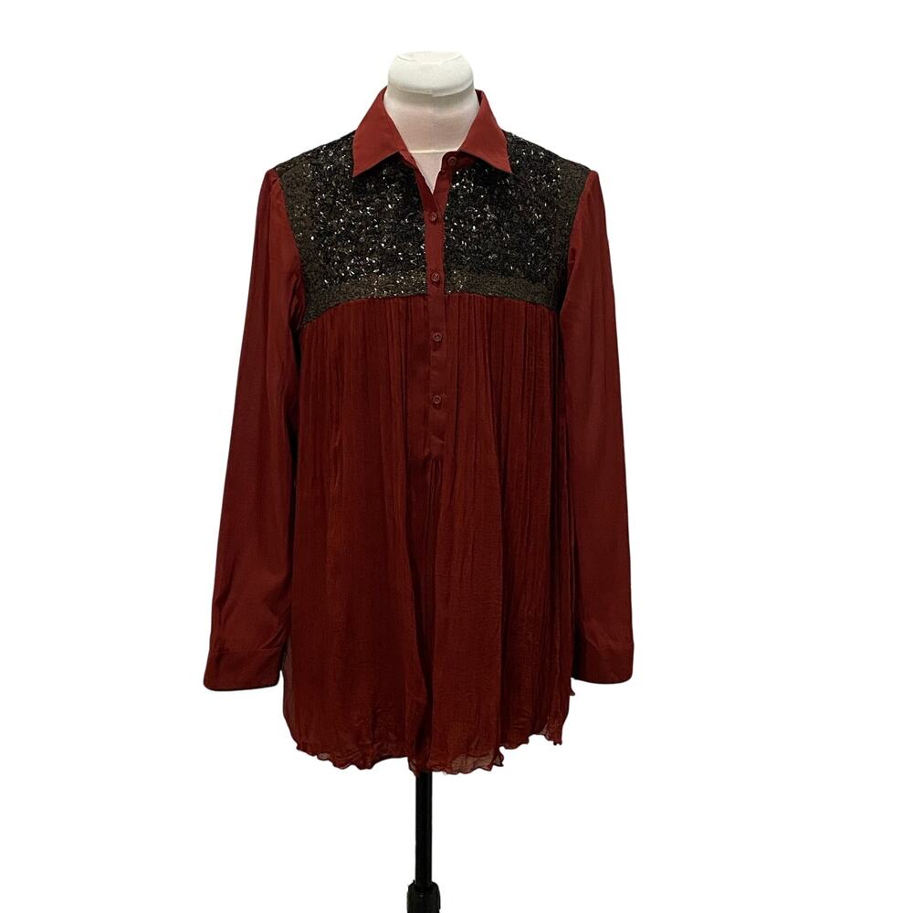 ROHIT GANDHI + RAHUL KHANNA Maroon Silk Chiffon Sequin Top XSMALL Anthropologie